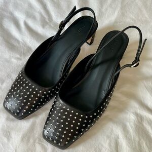 Alohas Lindy Black Leather Silver Stud Slingback Pump Shoe 8.5 39